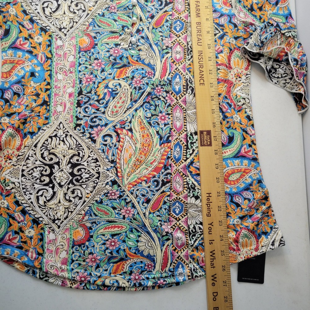 BOHO Paisley Print Ruffle Bell Sleeve Pearl Button Split Neck Top Sz Med NEW - Picture 5 of 14